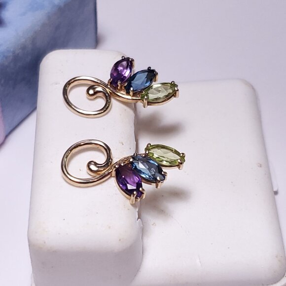 Estate 1.20ctw Natural Marquise Multi Gem 10Kt Y/G Swirl Drop post Earrings23094 - Picture 2 of 6